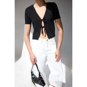 Oak & Fort Cropped Short Sleeve Sweater with Open Front Ties NWT